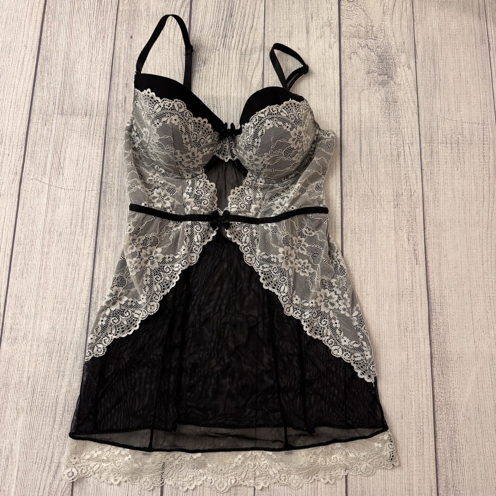 Fredericks of Hollywood Babydoll Lingerie Black White Lace Underwire Teddy M